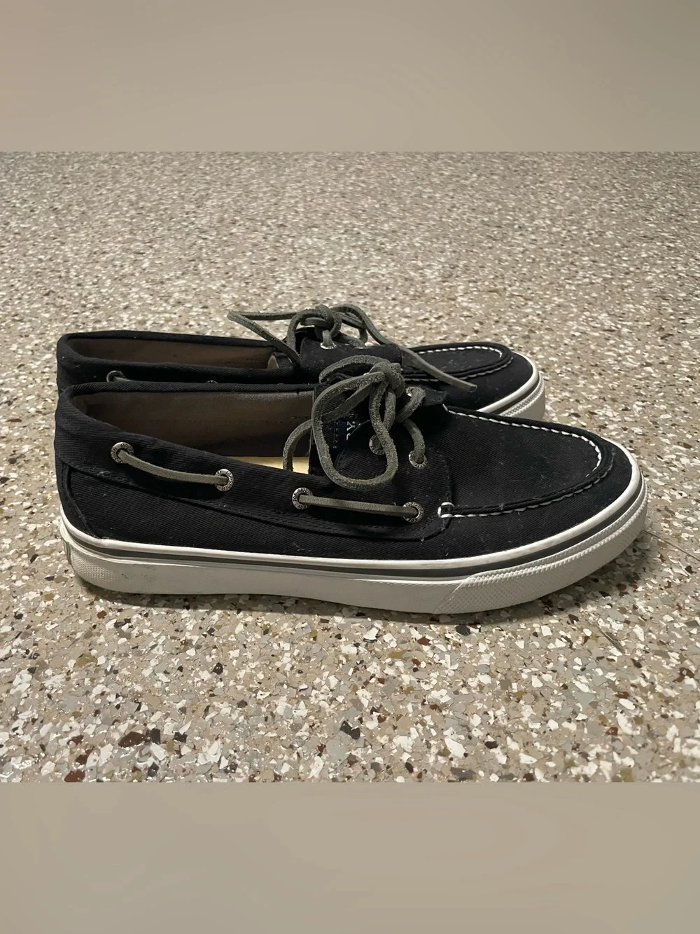 Sperry Black Canvas Boat Shoes with Gray Laces